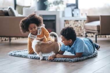 Evcil hayvan. İki kıvırcık saçlı çocuk köpek yavrusuyla oynuyor.
