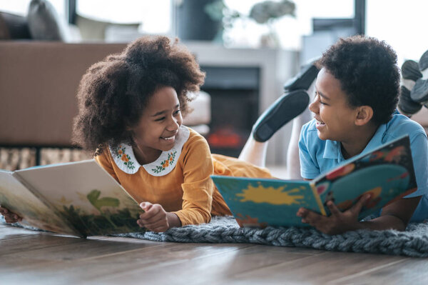 Reading Two Kids Lying Floor Reading Book Stock Photo