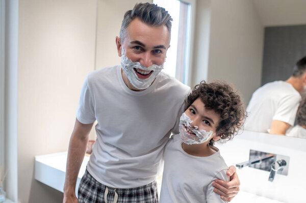 Funny Shaving Dad Son Looking Funny Shaving Foam Faces Stock Picture
