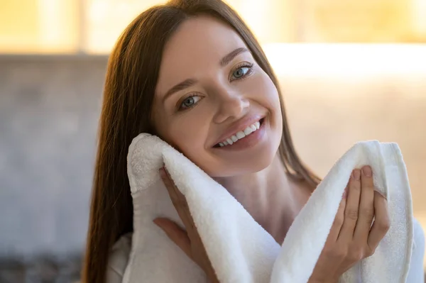 Tenderness Close Young Pretty Woman Toothy Smile Looking Camera Touching — Stock Photo, Image