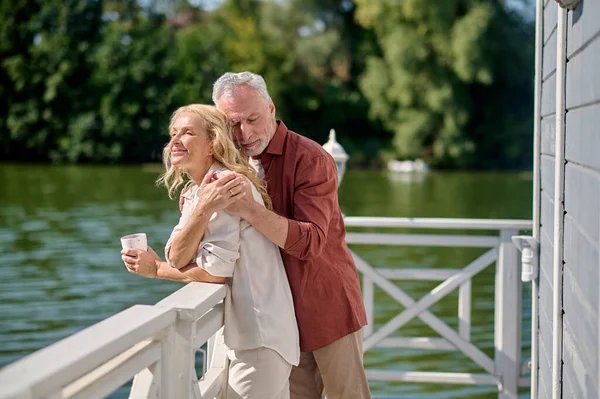 Weekend Man Woman Spending Time River Looking Happy Romantic —  Fotos de Stock