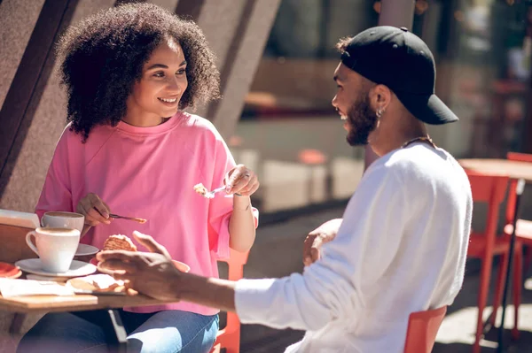 Coffee Cute Young Couple Having Coffee Cafe — Stockfoto