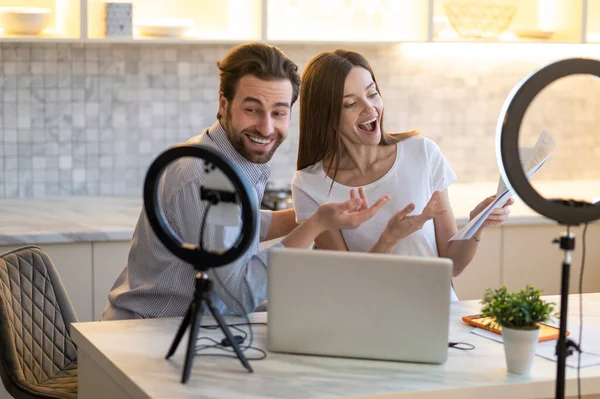 Video Conference Two Colleagues Having Video Conference Online Looking Excited — Foto Stock