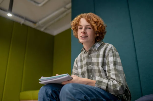 School Schoolboy Writing Something Looking Involved — Φωτογραφία Αρχείου