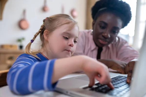 Digital Literacy Girl Syndrome Sitting Laptop Her Tutor — стоковое фото