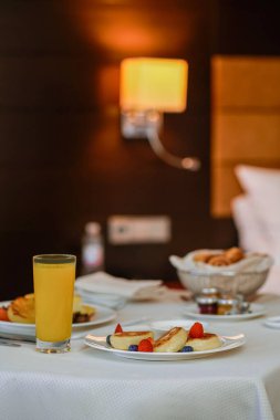 Breakfast. Close up picture of breakfast served in a hotel room