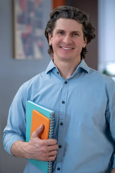 School Teacher Smiling Man Blue Shirt Tablet Notebook — стоковое фото