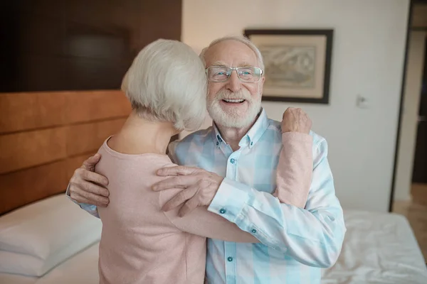 Happy Relationship Senior Man Woman Hugging Looking Love — стоковое фото