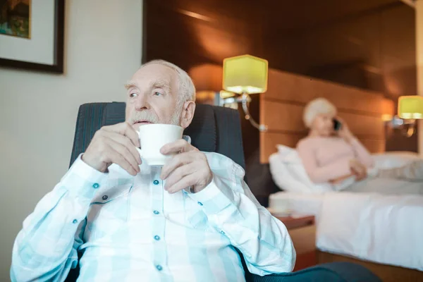 Morning Coffee Senior Bearded Man Having His Morning Coffee Looking — Foto de Stock