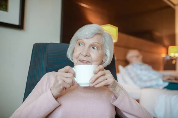 Coffee Time Pleasant Looking Senior Woman Cup Coffee — Stockfoto