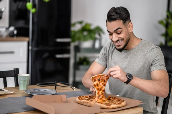 Yummy Young Bearded Attractive Man Looking Delight Pizza Box Taking — Foto de Stock