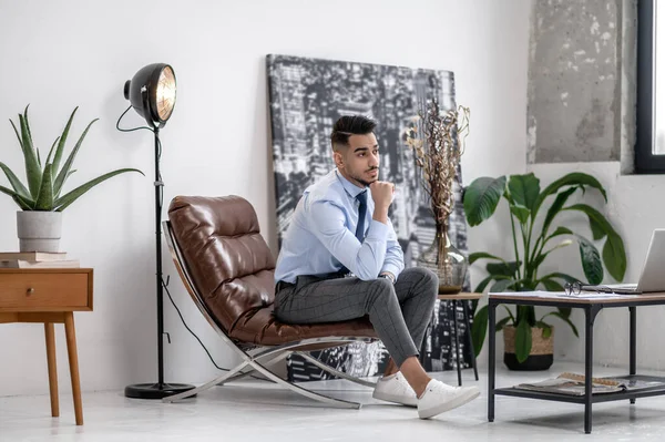 Expectation Thoughtful Young Successful Man Tie Sitting Leather Chair Touching — Fotografia de Stock