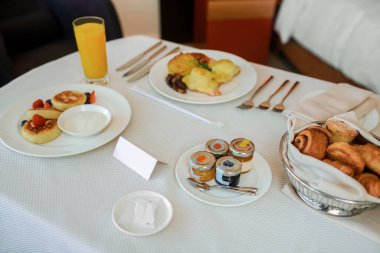 Delicious breakfast. Close up picture of breakfast served on the table