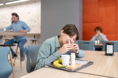 Lunch. Dark-haired boy eating sandwich in a school canteen