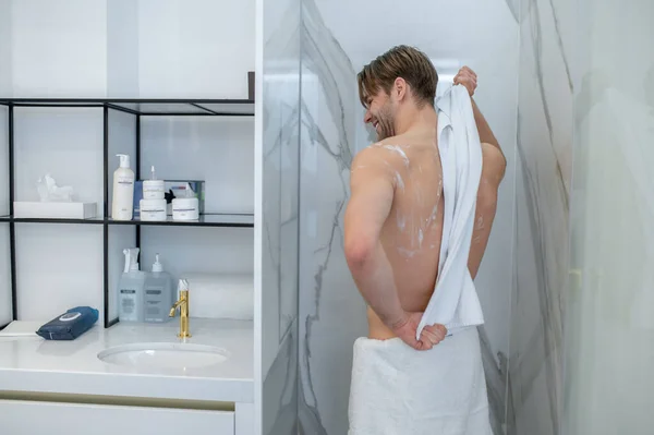 Shower Well Built Young Man Drying Himself Towel Shower — 图库照片