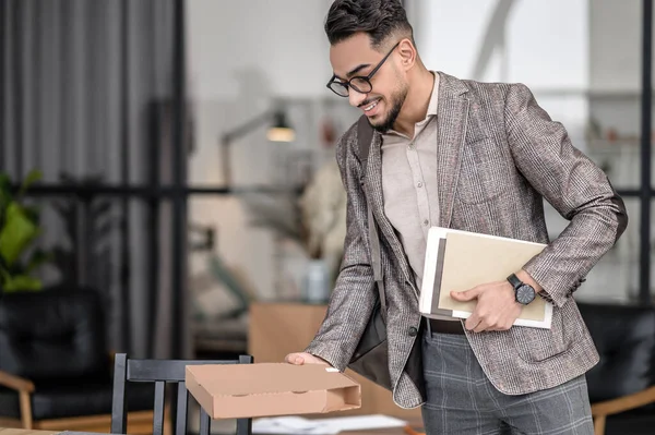 Anticipation Smiling Young Bearded Man Glasses Looking Box Hand Holding — 스톡 사진