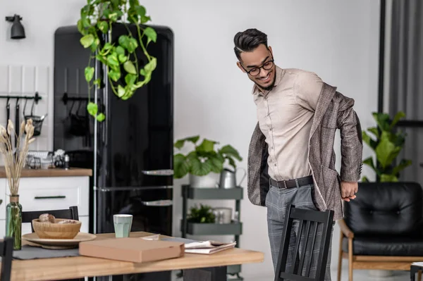 Accuracy Young Adult Man Glasses Smiling Neatly Taking His Jacket — Stock Photo, Image