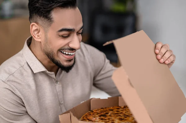 Fresh Pizza Close Contented Smiling Face Young Male Closed Eyes — Stock Fotó