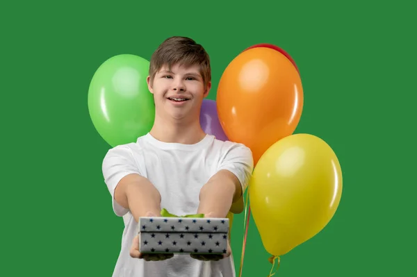 Waist Portrait Happy Birthday Boy Holding Present Box Front Camera — Stockfoto