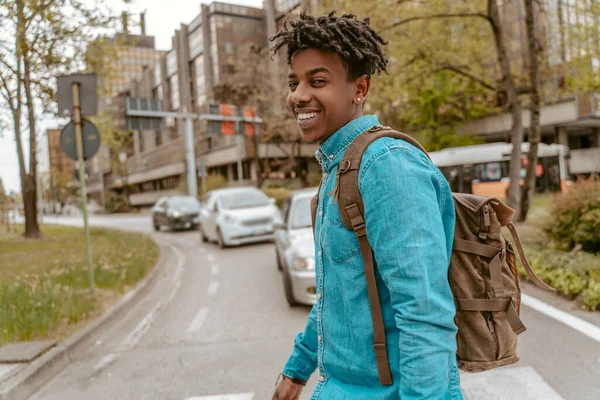 City Energy Dark Skinned Stylish Guy Backpack Smiling Confidently Camera — Foto de Stock