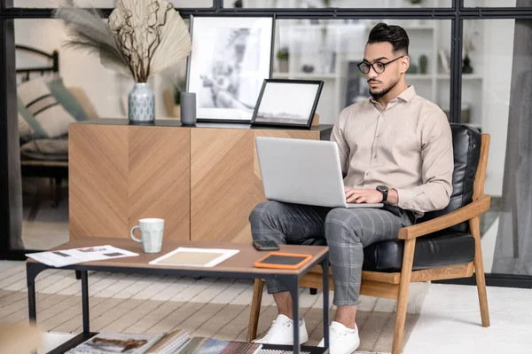 Distant Work Young Bearded Successful Man Glasses Typing Laptop While — 스톡 사진