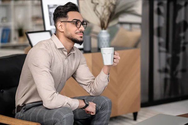 Morning Coffee Meditating Young Bearded Stylish Man Coffee Sitting Sideways — Stock fotografie