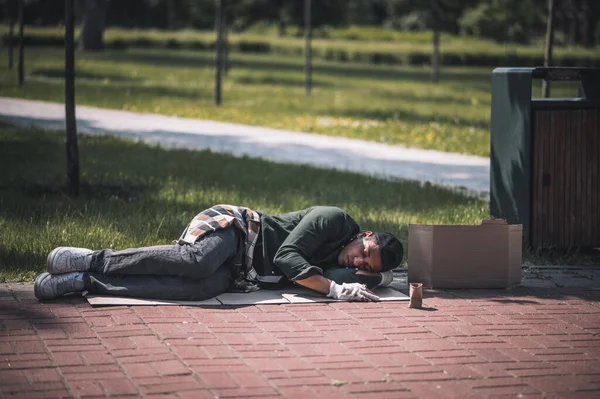 Social Issues Dark Skinned Young Adult Man Closed Eyes Lying — Foto Stock