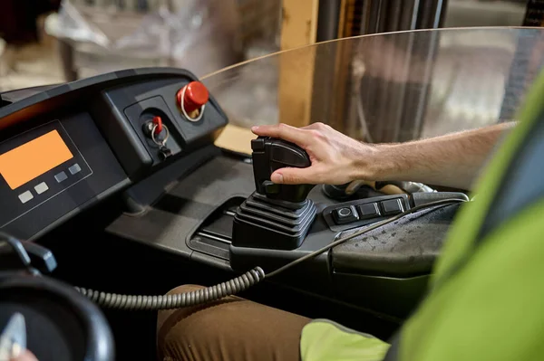 Cropped Photo Experienced Warehouse Worker Yellow Uniform Operating Electric Forklift — Zdjęcie stockowe