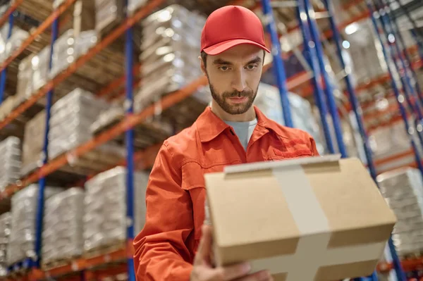 Waist Portrait Storehouse Loader Carrying Cardboard Box Aisle Pallets — Foto Stock