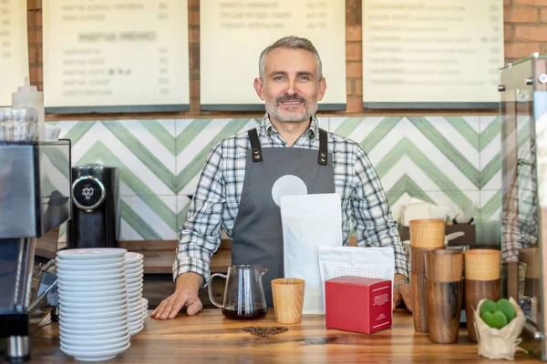 Cafe Barista Standing Counter Cafe — Zdjęcie stockowe