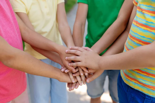 Childhood Friendship Childrens Palms Stretched Forward One Other Friendly Gesture — Stok fotoğraf