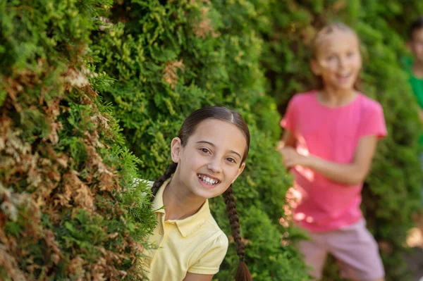 Playful Mood Joyful Girl Pigtails Girlfriend Cheerfully Looking Out Tall — Foto de Stock