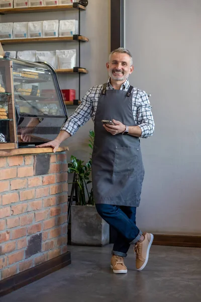Good Mood Smiling Cafe Owner Stansing Counter — Foto Stock