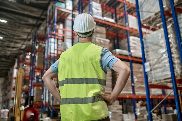 Back View Warehouse Worker Helmet Reflective Vest Standing Shelves Cargo — Stock Fotó