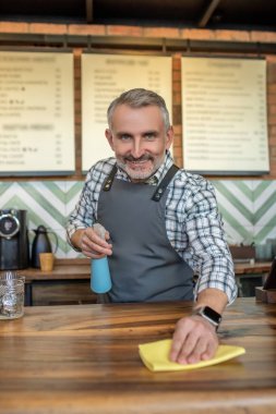 Waist-up portrait of a contented barista wiping the coffee shop counter with a damp cloth