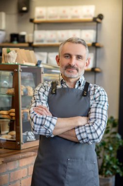 Calm confident mature man dressed in the apron standing in the cafe and looking in front of him