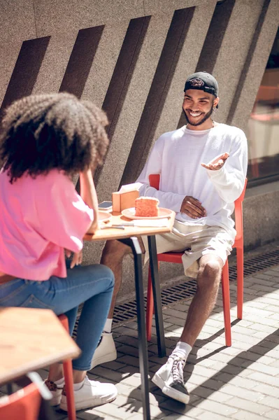 Coffee Cute Young Couple Having Coffee Street Cafe — Foto Stock