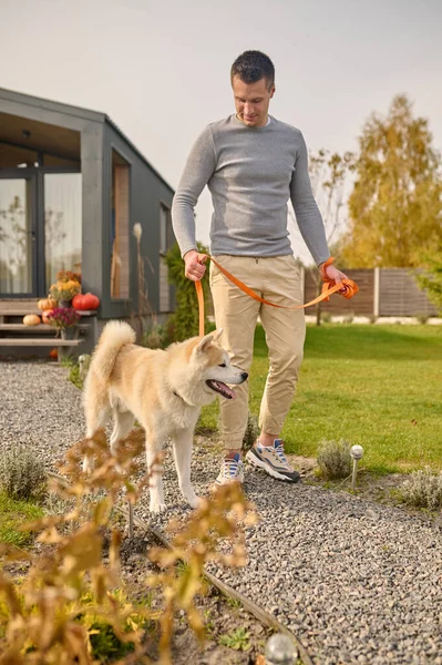 庭の綱の上に犬を歩く大人の男の完全な長さの肖像画 — ストック写真