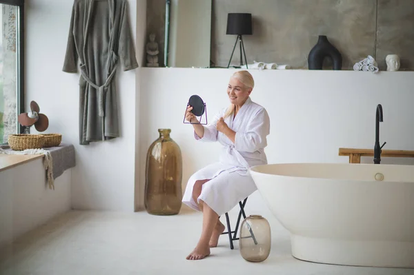 Full Size Portrait Smiling Happy Barefoot Mature Woman Terry Bathrobe — Stock Photo, Image