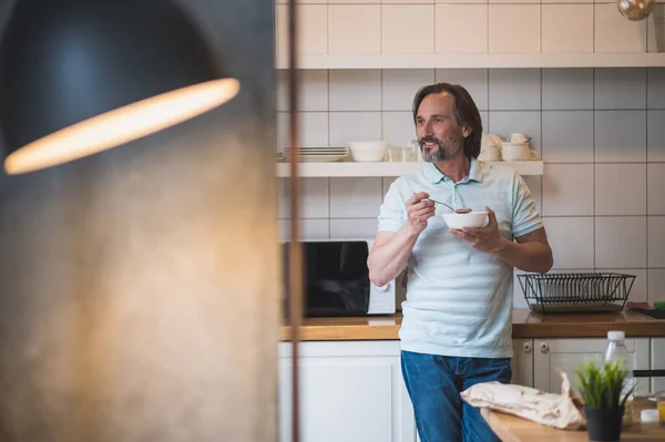 Breakfast Home Mature Man Having Breakfast Looking Contented Peaceful — Stock Photo, Image