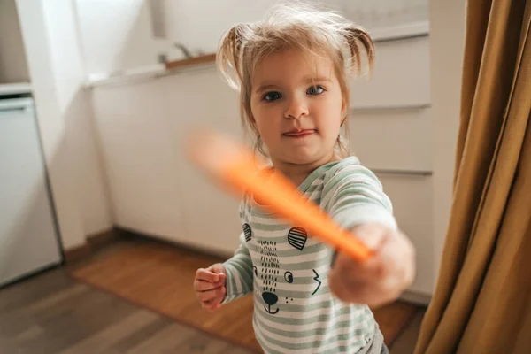 Waist Portrait Cute Little Girl Waving Pencil Front Camera — Stock Photo, Image