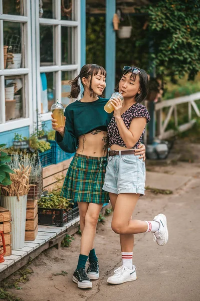 Muy Bien Dos Chicas Bebiendo Limonada Luciendo Complacidas — Foto de Stock