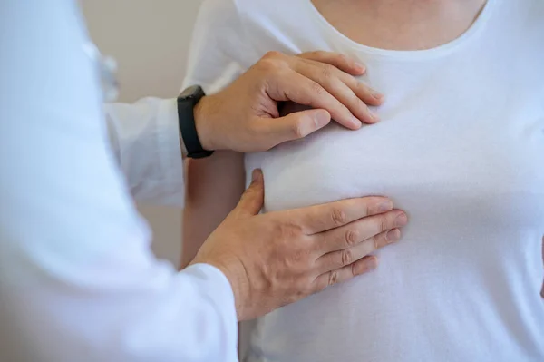Cropped Photo Mammologist Performing Female Patient Breast Palpation Physical Examination — Stock Photo, Image