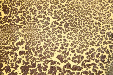 Arka plan sarı metal bir yüzeyden yapılmış ve güzel bir kahverengi boya deseni var. Arkaplan yapı tasarımı.