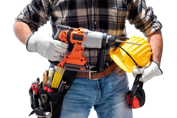 Timmerman Het Werk Met Oplaadbare Hamer Boor Veiligheidsuitrusting Geïsoleerd Witte — Stockfoto