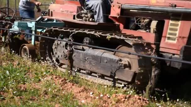 Farmer Drives Plow While Plowing Vineyard Crawler Tractor Agricultural Industry — Stock Video