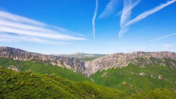Supramonte dağının tepesinde. Görkemli bir bahar gününde Gorropu Vadisi. Bozulmamış doğa.