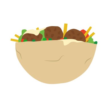Falafel, İsrail yemeği, pita ekmeği, tahini, patates kızartması, marul ve domatesli vektör çizimi. Beyaz arka planda izole edilmiş. Çizgi film tarzı çizim. Geleneksel Orta Doğu yemek klipsi sanatı