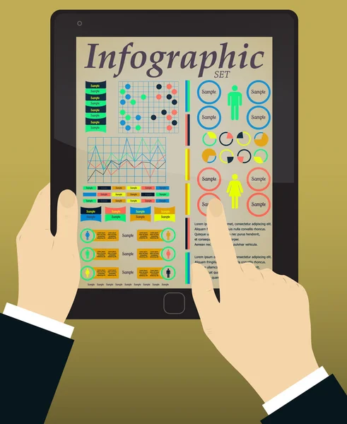 Infografías en la tableta y las manos. Vector — Vector de stock