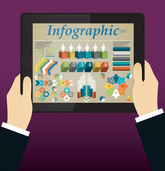 Manos sosteniendo una tableta. Resumen Elementos gráficos Info . — Archivo Imágenes Vectoriales